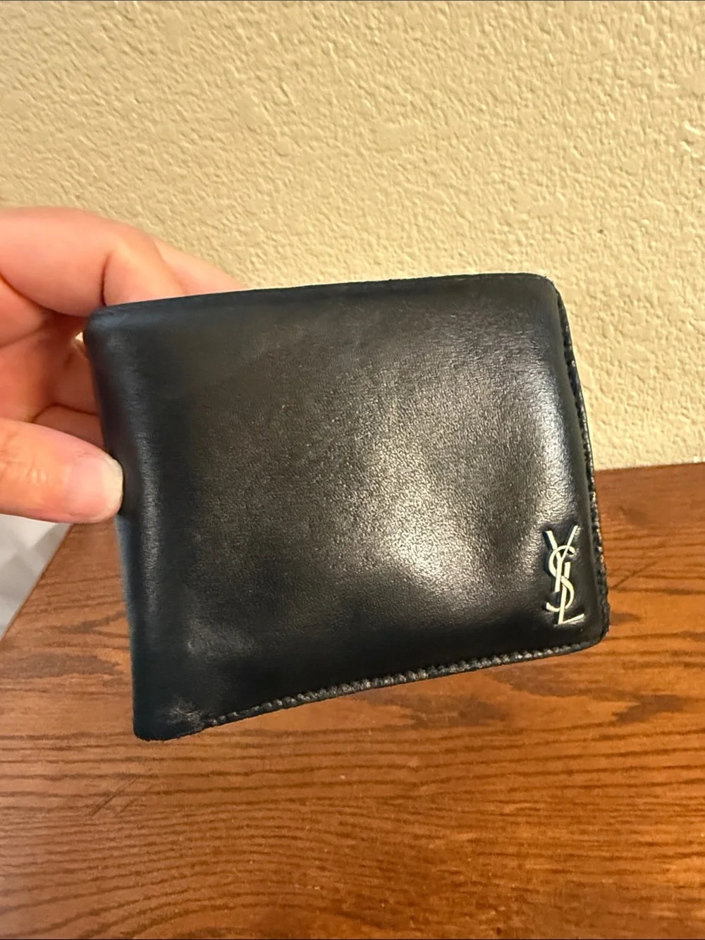 Yves Saint Laurent Black Leather Bifold wallet with Silver YSL Logo-